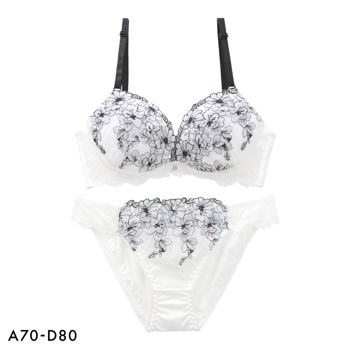 ピュアシェリ 花柄ラメ入りチュール ブラショーツセット 盛りブラ 谷間ブラ PURECHERIE(WH-ホワイト-A70-M)