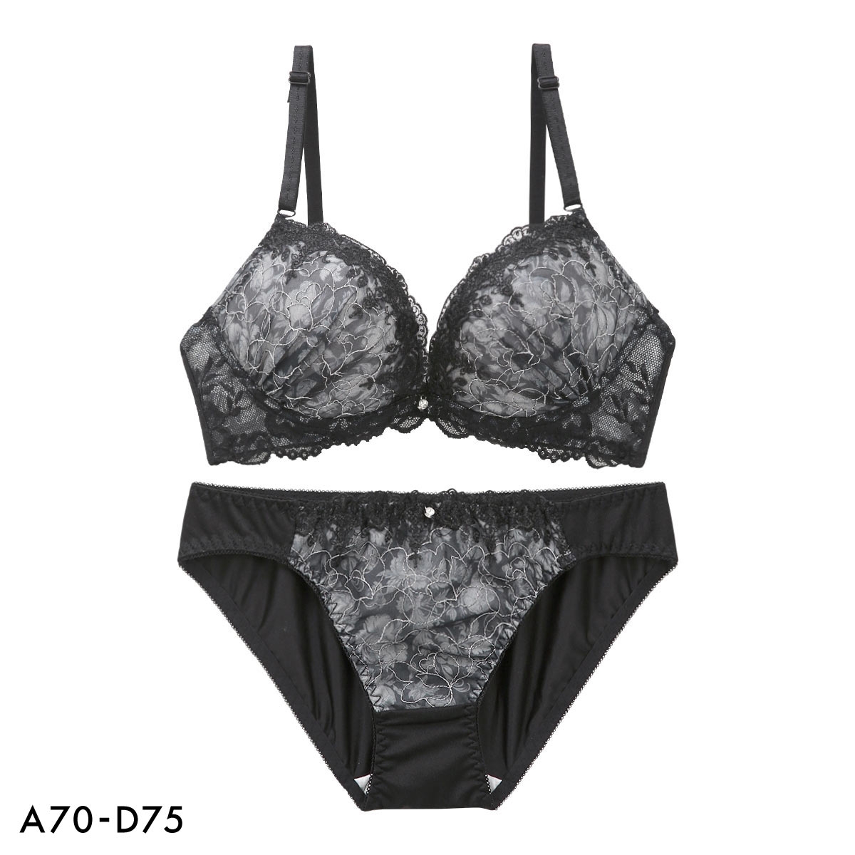 ピュアシェリ アンティークフラワー ブラセット ABCD 谷間 盛り 脇寄せ ブラジャー ショーツ セット PURECHERIE(BK-ブラック-A70-M)