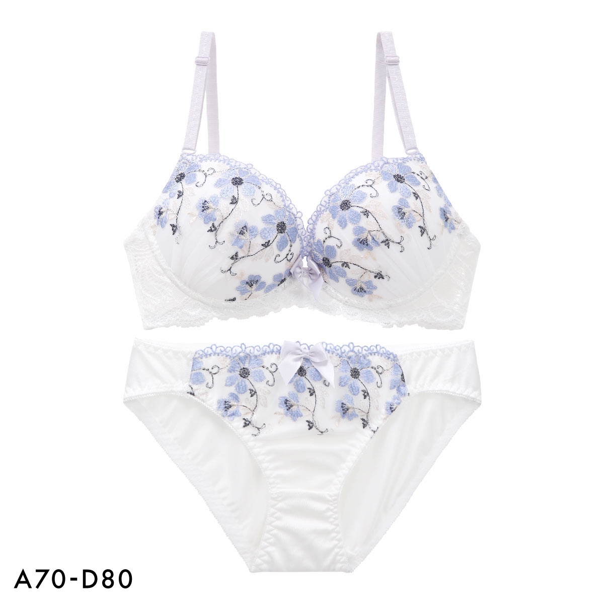 ピュアシェリ ラメ入り花柄チュール ブラショーツセット 盛りブラ 谷間ブラ PURECHERIE(WH-ホワイト-A70-M)
