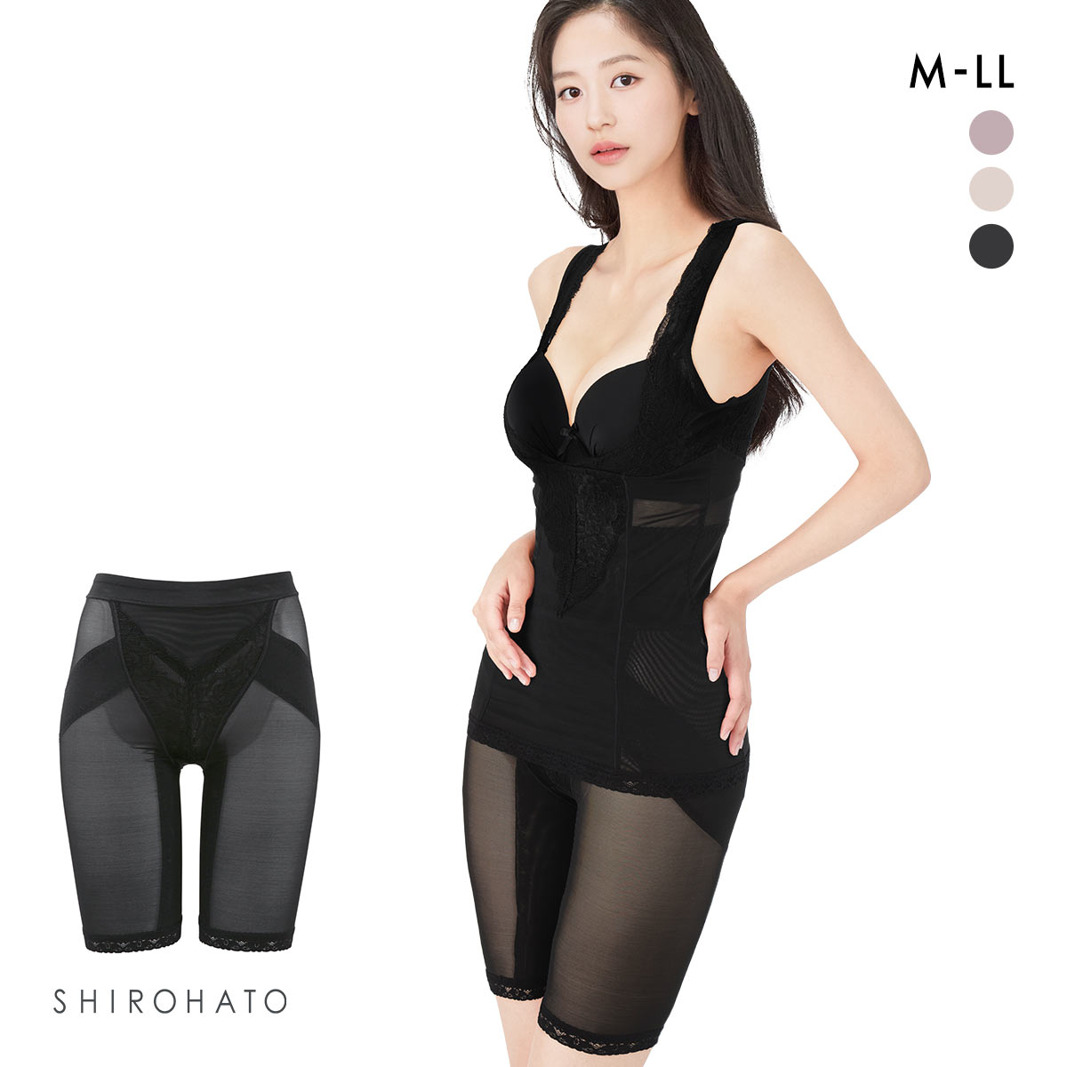 スタイルアップ 補正ガードル レーシー ロングガードル 花柄レース(BK-ブラック-M)
