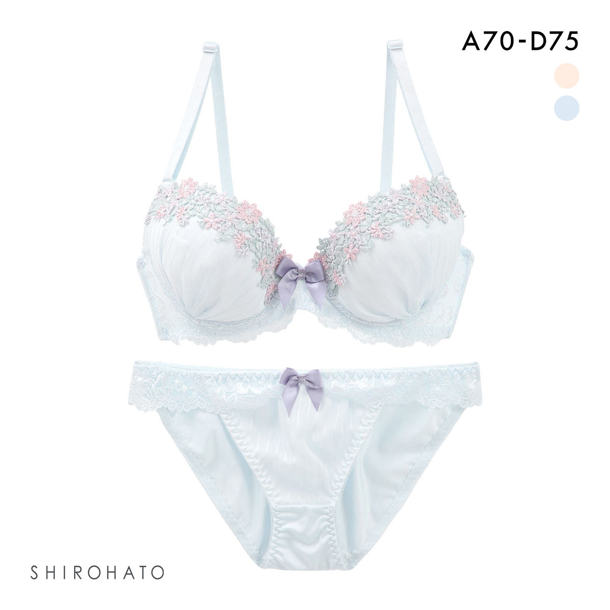 ピュアシェリ PURECHERIE ブラジャー ショーツ セット 脇高 3色ケミカルレース×ラメ入ストライプシフォン ブラショーツセット(BU-ブルー-A70-M)