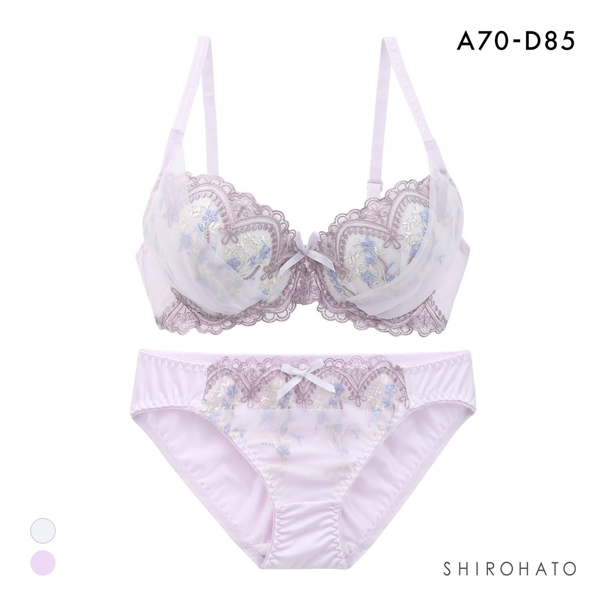 ピュアシェリ 3色小花×シアーヴェール ブラセット ABCD 大きいサイズ 谷間 盛り 脇寄せ ブラジャー ショーツ セット PURECHERIE(LV-ラベンダー-A70-M)