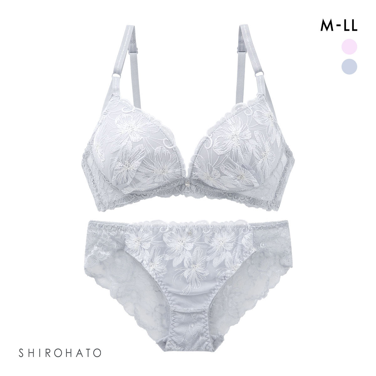 ピュアシェリ ノンワイヤー ブラジャー ショーツ セット ラメ入花柄チュール バックレース PURECHERIE(BGY-ブルーグレー-M)