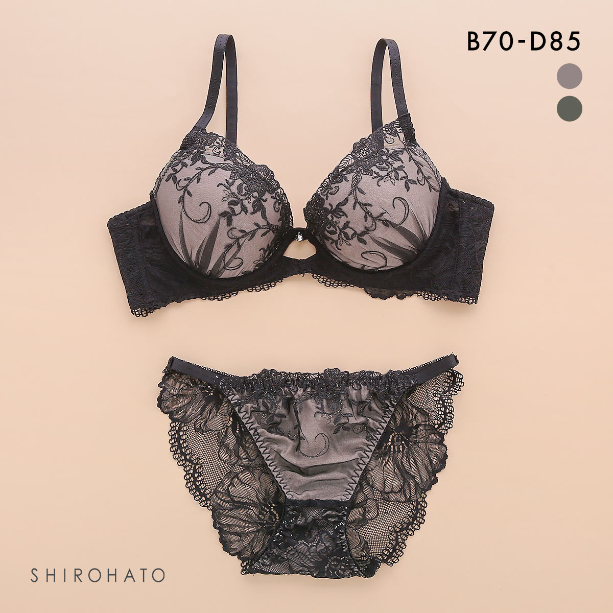 ピュアシェリ ブラジャー ショーツ セット 脇高ラメ入花柄チュール バックレース PURECHERIE(BR-ブラウン-B70-M)