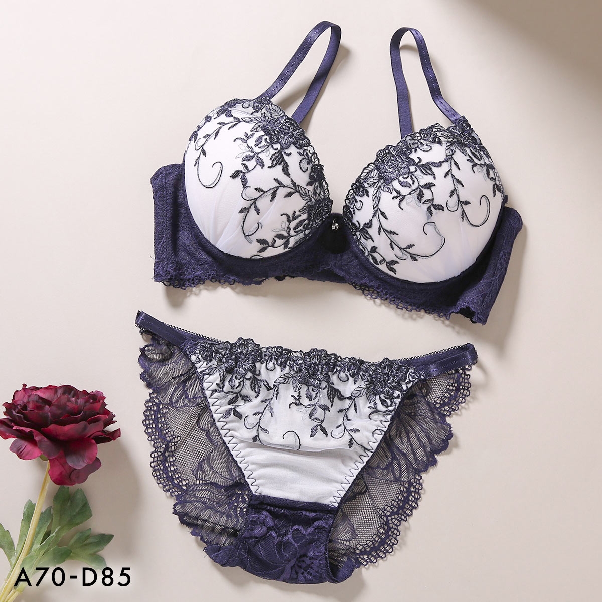 エクラ 脇高 ラメ入花柄チュール ブラジャー ショーツ セット バックレース ECLAT(KO-コン-A70-M)