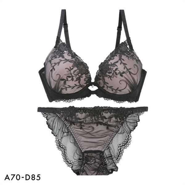 エクラ 脇高 ラメ入花柄チュール ブラジャー ショーツ セット バックレース ECLAT
