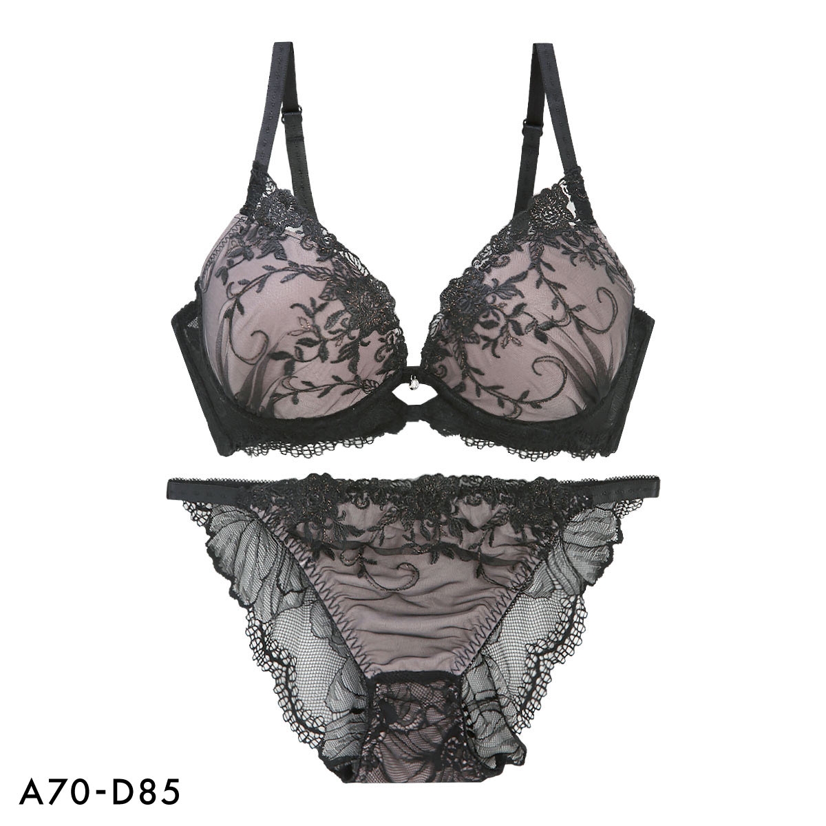 エクラ 脇高 ラメ入花柄チュール ブラジャー ショーツ セット バックレース ECLAT(BK-ブラック-A70-M)