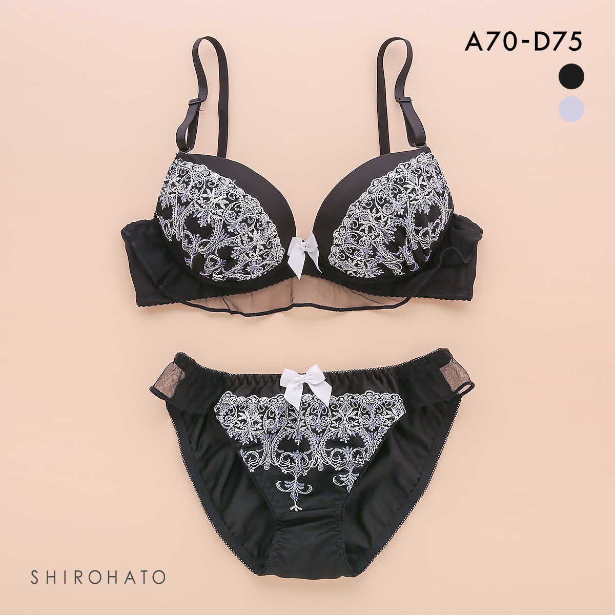 ピュアシェリ ブラジャー ショーツ セット サテン ラメ入チュールレース PURECHERIE(BK-ブラック-A70-M)
