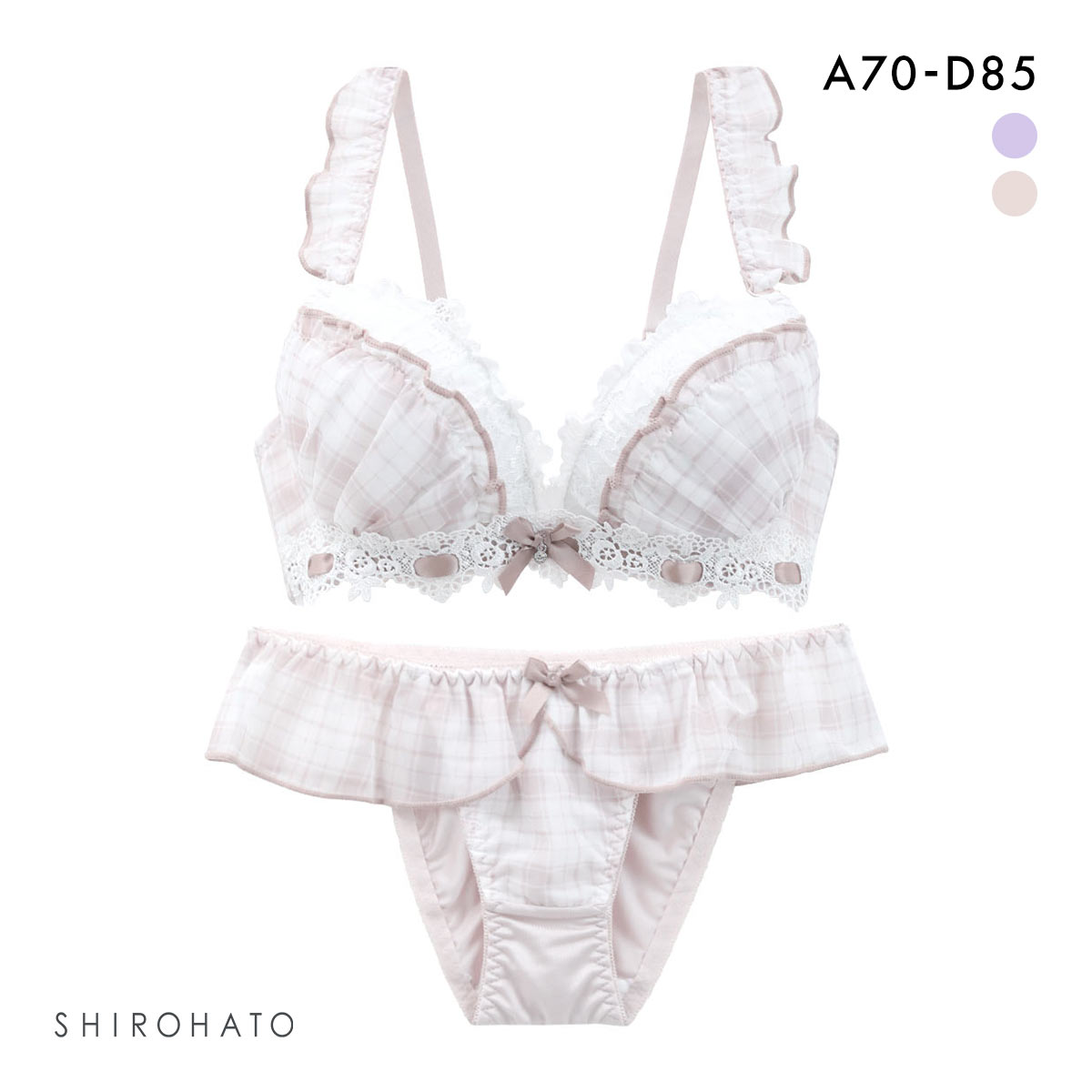 ピュアシェリ チェックシフォン×リボン通し ブラセット ABCD ブラジャー ショーツ セット PURECHERIE(BR-ブラウン-A70-M)
