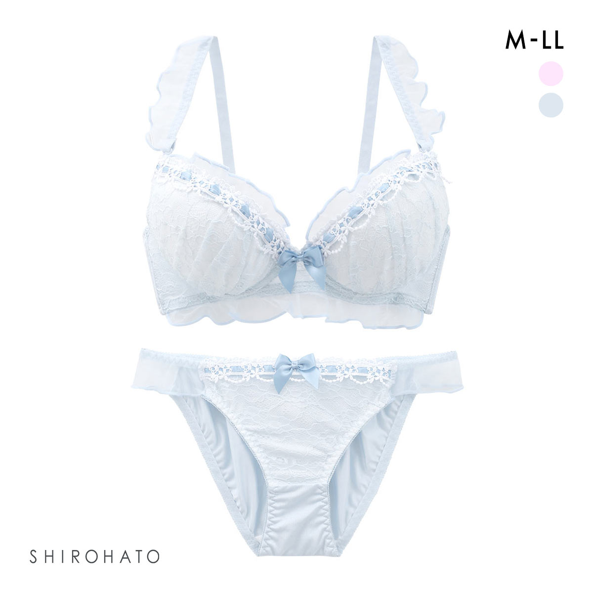 ピュアシェリ メロウリボン ノンワイヤー ブラセット M L LLブラジャー ショーツ セット ワイヤレス PURECHERIE(BU-ブルー-M)