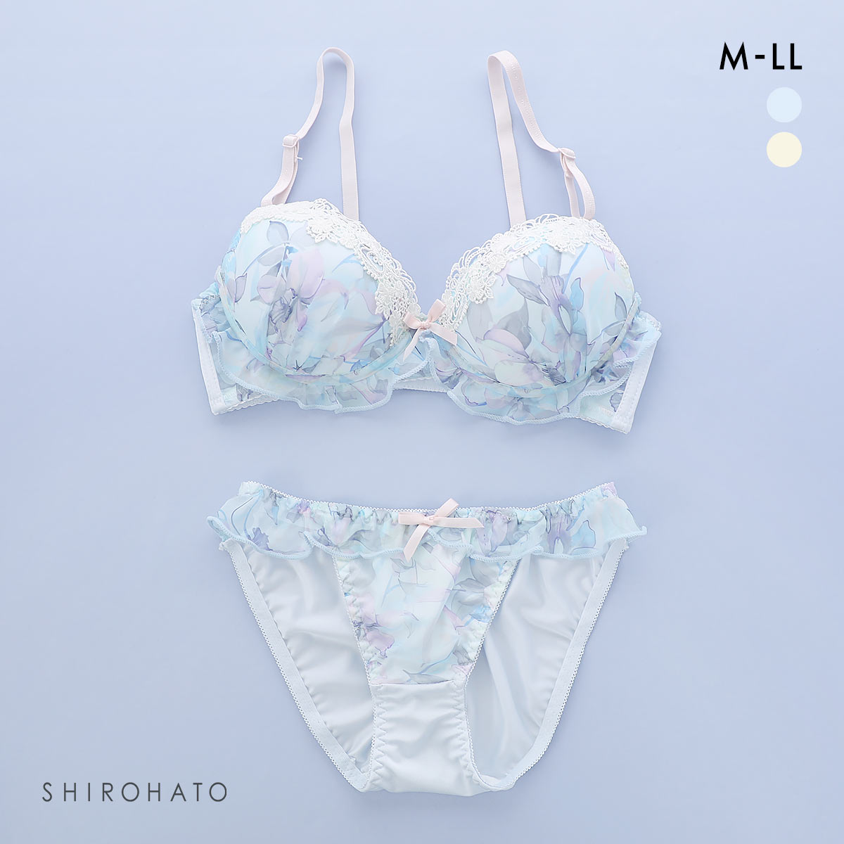 ピュアシェリ プリントシフォンフリル ノンワイヤー ブラセット M L LL ブラジャー ショーツ セット PURECHERIE(BU-ブルー-M)
