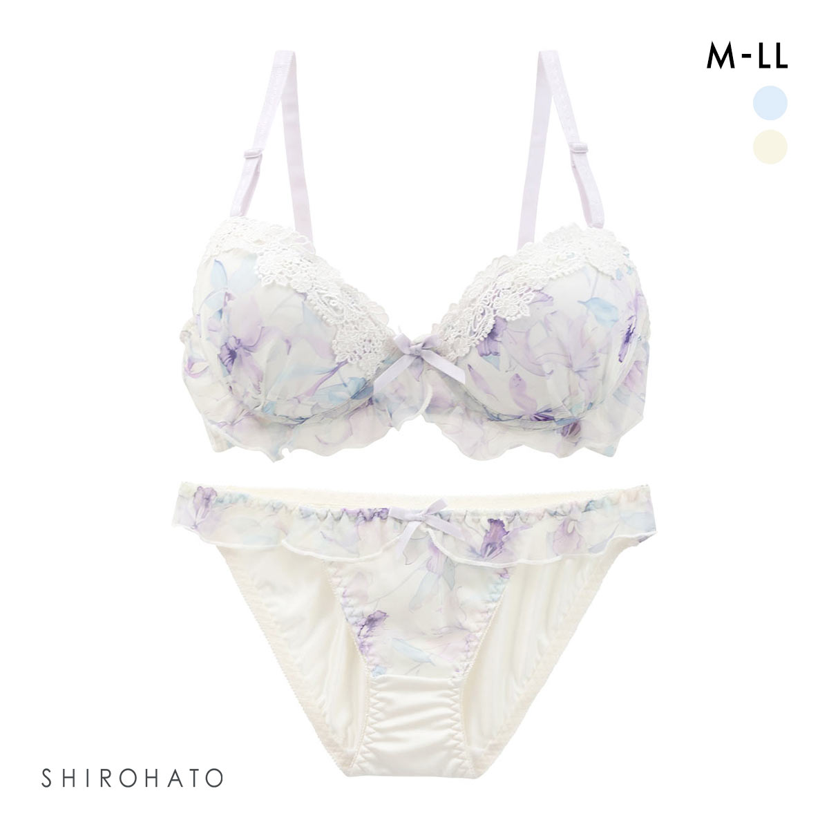 ピュアシェリ プリントシフォンフリル ノンワイヤー ブラセット M L LL ブラジャー ショーツ セット PURECHERIE(CR-クリーム-M)