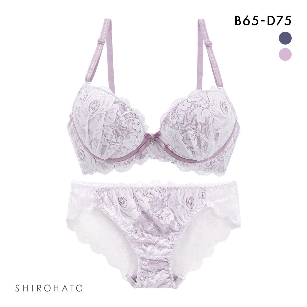 ピュアシェリ 脇高ストレッチレース×サイド編み上げ ブラセット ABCD ブラジャー ショーツ セット 谷間 L字 脇寄せ PURECHERIE(PU-パープル-B65-M)