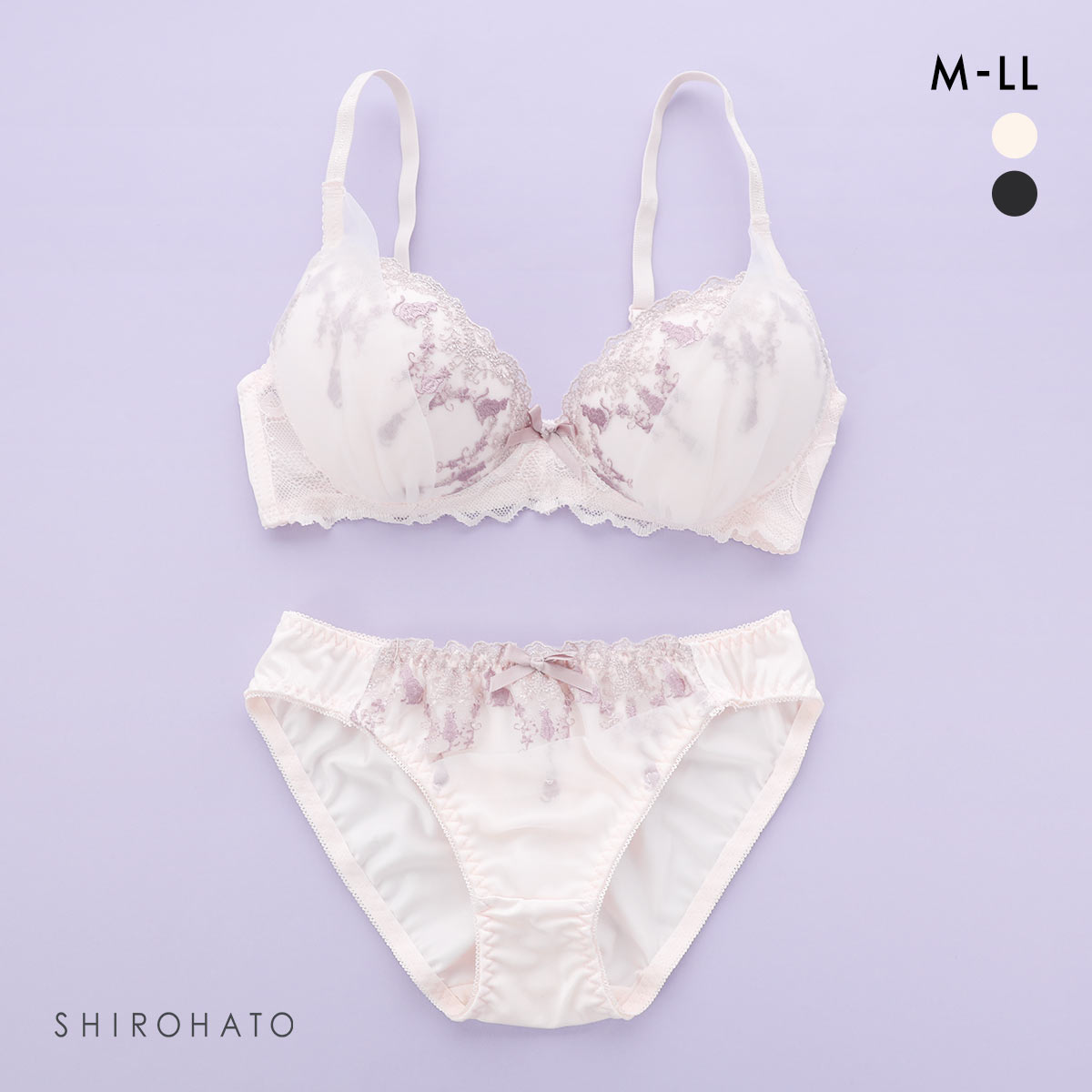 ピュアシェリ ネコ柄チュール ノンワイヤー ブラセット M L LL ブラジャー ショーツ セット ワイヤレス 大きいサイズ PURECHERIE(CR-クリーム-M)