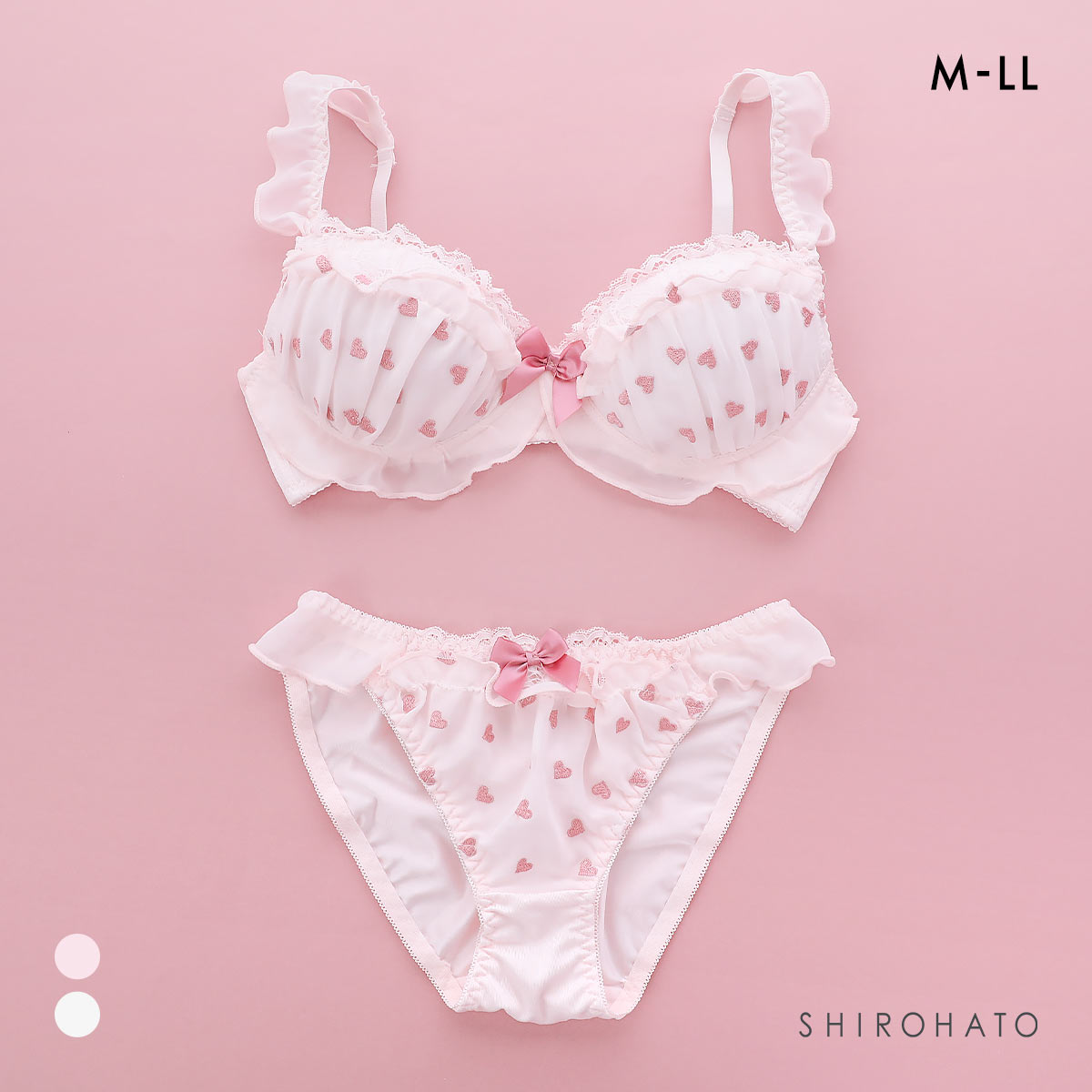 ピュアシェリ ハート刺繍シフォン ノンワイヤー ブラセット M L LLブラジャー ショーツ セット  極厚パッド 楽ちん 盛り PURECHERIE(PI-ピンク-M／M)