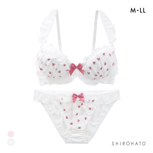 ピュアシェリ ハート刺繍シフォン ノンワイヤー ブラセット M L LLブラジャー ショーツ セット  極厚パッド 楽ちん 盛り PURECHERIE
