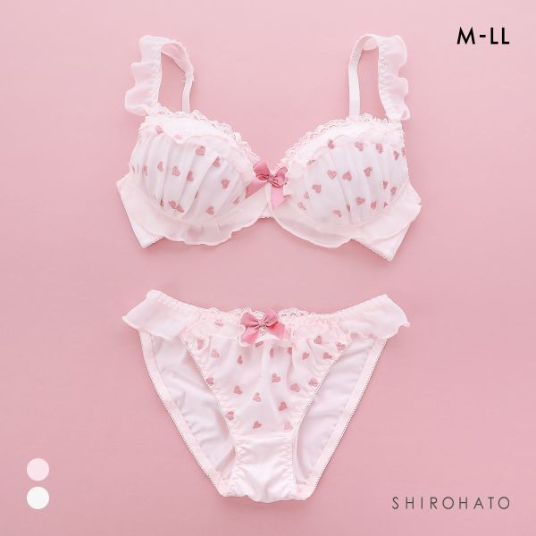 ピュアシェリ ハート刺繍シフォン ノンワイヤー ブラセット M L LLブラジャー ショーツ セット  極厚パッド 楽ちん 盛り PURECHERIE
