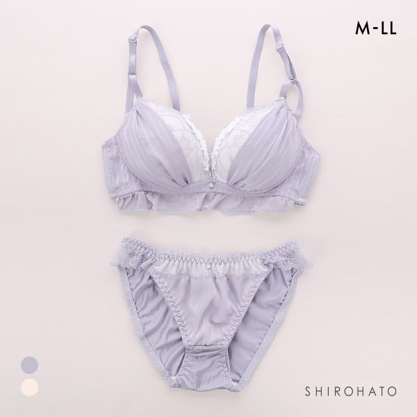 ピュアシェリ ストライプシフォン ノンワイヤー ブラセット M L LLブラジャー ショーツ 大きいサイズ 谷間 脇寄せ 盛り PURECHERIE