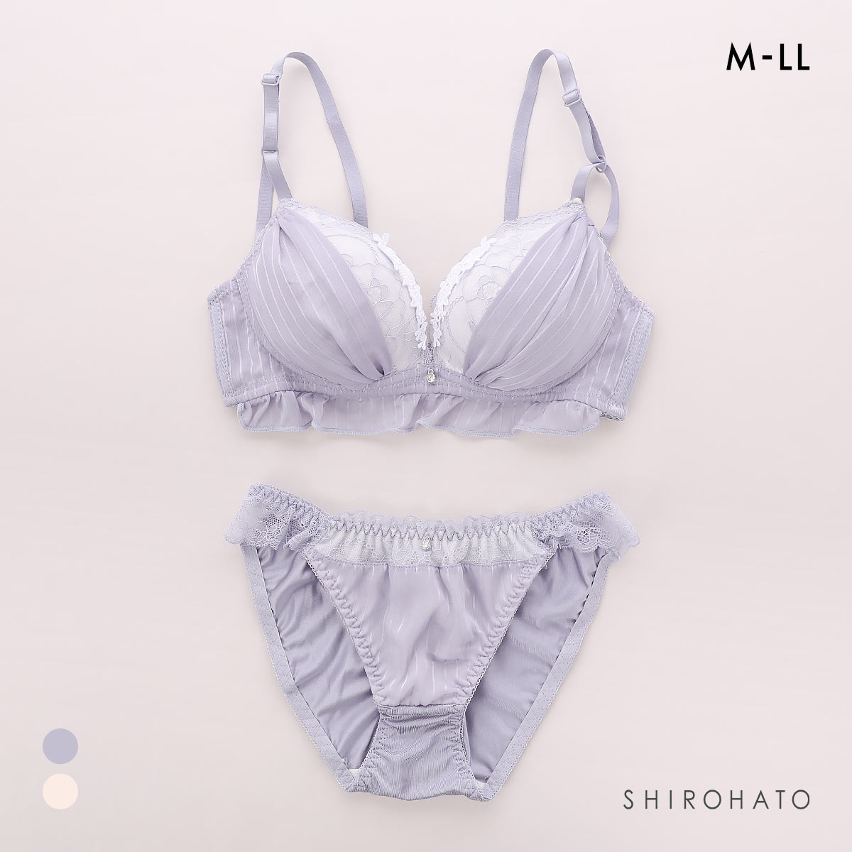 ピュアシェリ ストライプシフォン ノンワイヤー ブラセット M L LLブラジャー ショーツ 大きいサイズ 谷間 脇寄せ 盛り PURECHERIE(BGY-ブルーグレー-M／M)