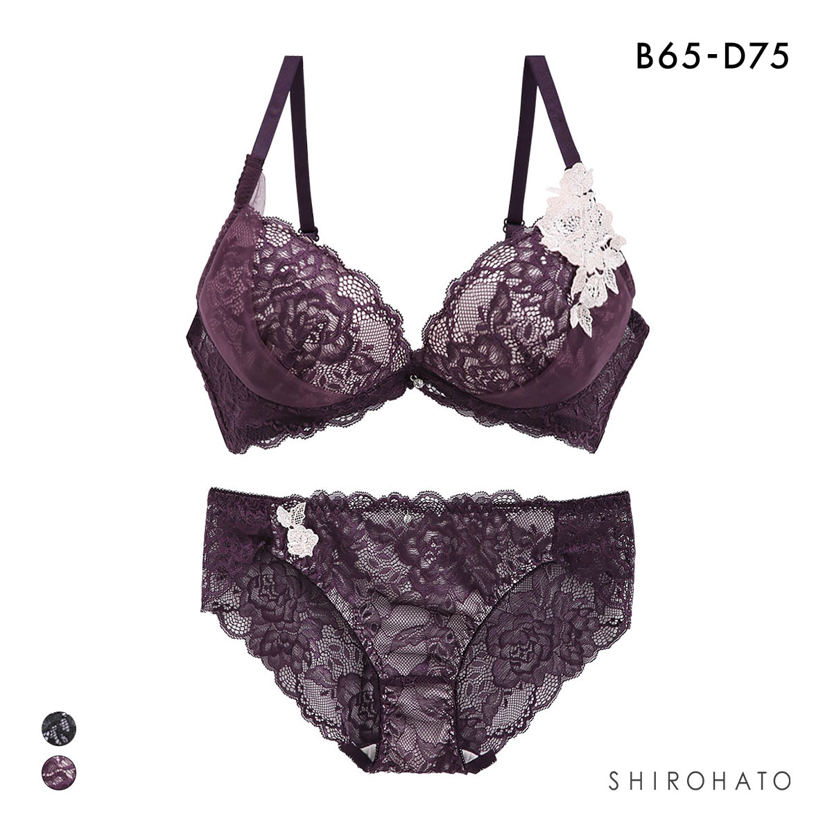 ピュアシェリ ローズケミカル 総レース ブラセット BCD ブラジャー ショーツ セット 谷間 L字 脇寄せ 盛り PURECHERIE(DPU-濃パープル-B65-M)