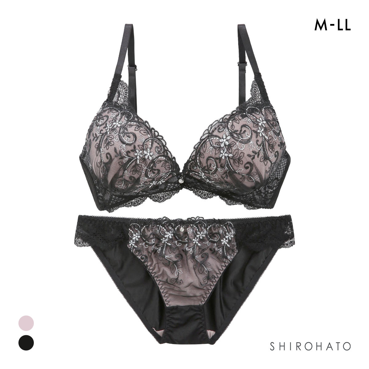 ピュアシェリ アイビーラメレース 脇高ノンワイヤー ブラセット M L LL ブラジャー ショーツ セット ワイヤレス 脇肉 PURECHERIE(BK-ブラック-M)