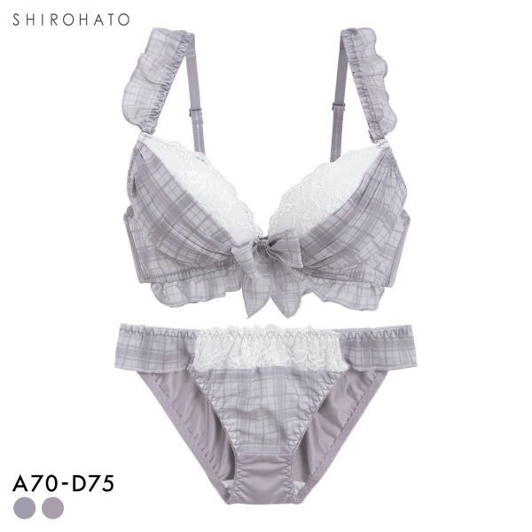 ピュアシェリ チェック柄シフォンフリル ブラセット ABCD ラジャー ショーツ セット 大きいサイズ 盛り 谷間 L字 脇寄せ PURECHERIE