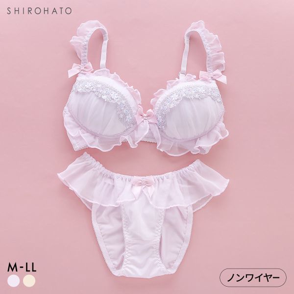 ピュアシェリ シフォンフリル×ケミカル ノンワイヤー ブラセット M L LL ブラジャー ショーツ セット ワイヤレス 脇肉 PURECHERIE