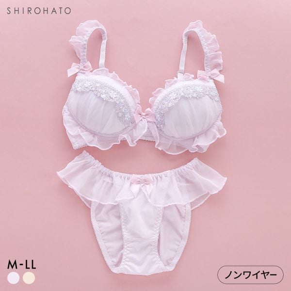 ピュアシェリ シフォンフリル×ケミカル ノンワイヤー ブラセット M L LL ブラジャー ショーツ セット ワイヤレス 脇肉 PURECHERIE