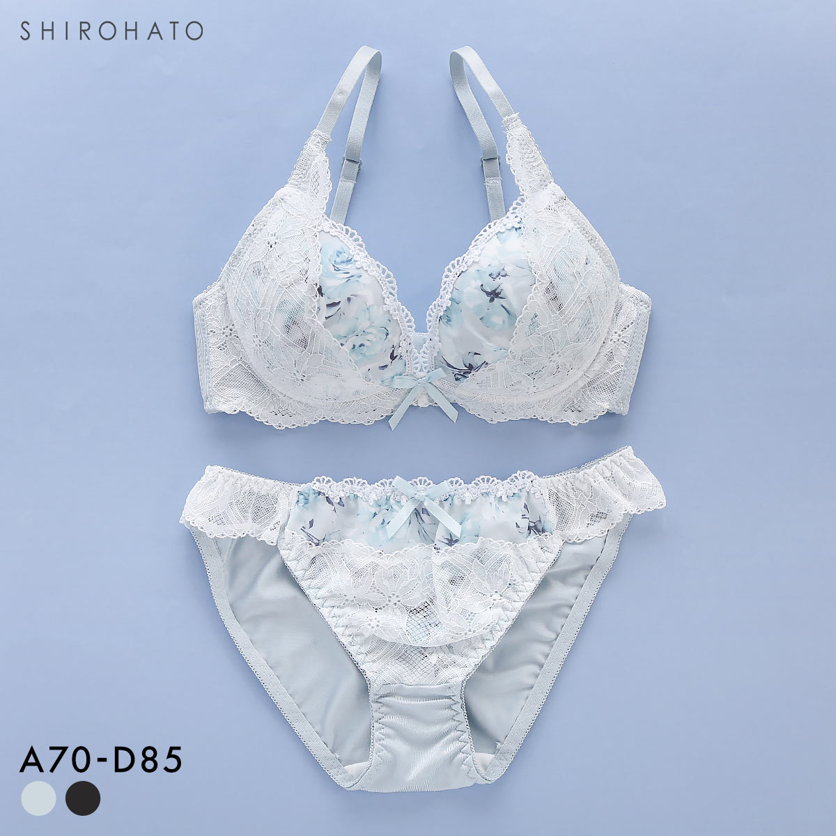 ピュアシェリ ローズプリントシフォン ブラセット ABCD 谷間 盛り 脇寄せ ブラジャー ショーツ セット PURECHERIE(BGY-ブルーグレー-A70-M)