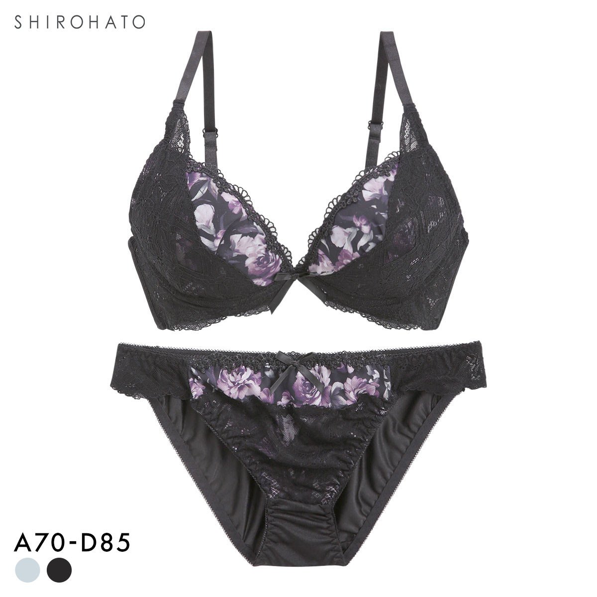 ピュアシェリ ローズプリントシフォン ブラセット ABCD 谷間 盛り 脇寄せ ブラジャー ショーツ セット PURECHERIE(BK-ブラック-A70-M)