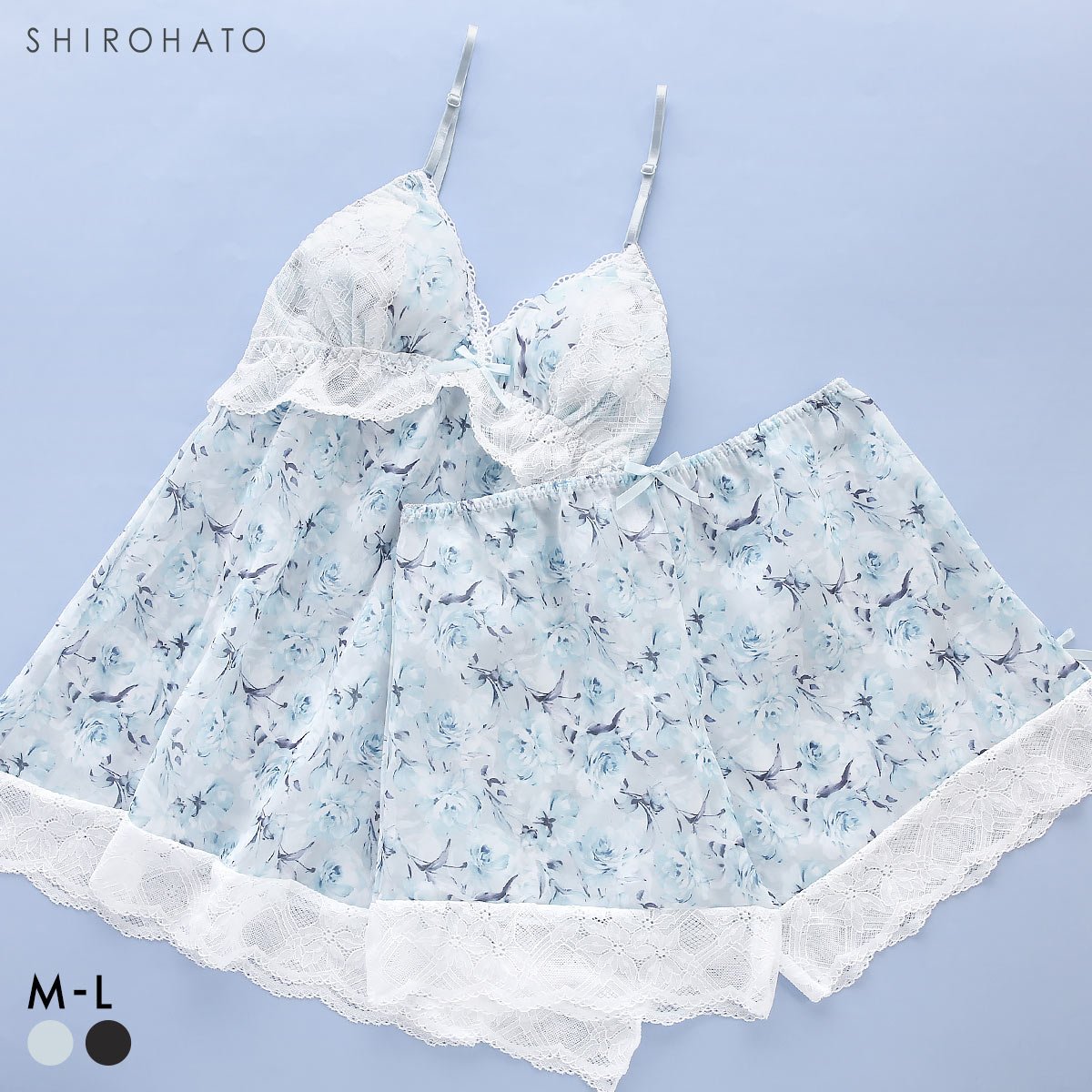 ピュアシェリ ローズプリントシフォン キャミ＆タップパンツ セットアップ M L 上下セット スリップ ベビードール PURECHERIE(BGY-ブルーグレー-M)