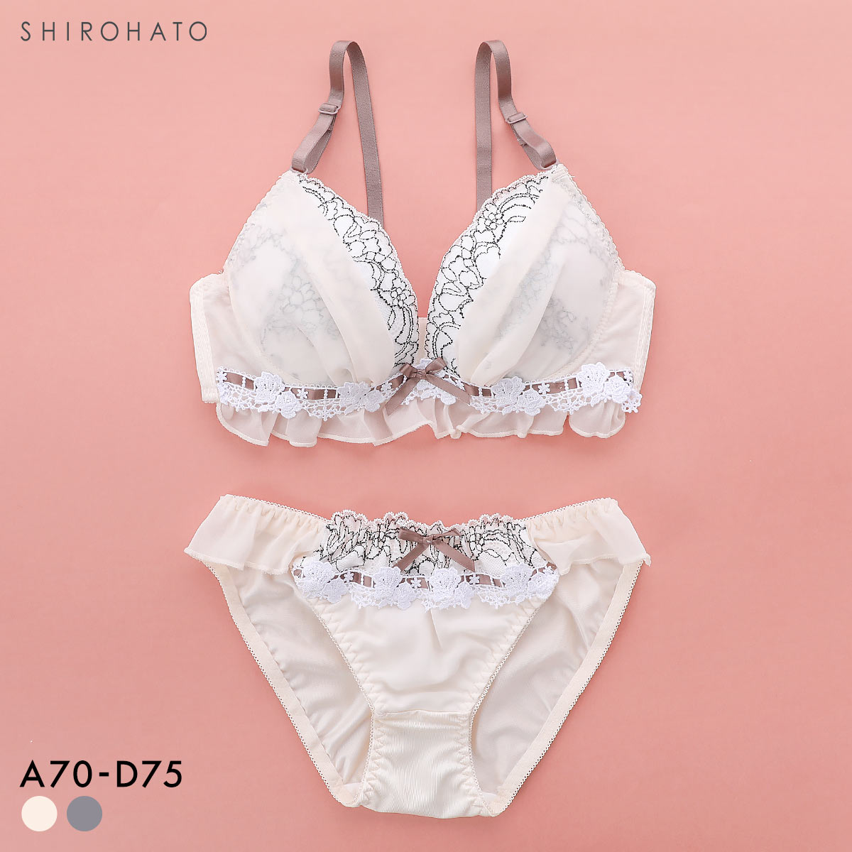 ピュアシェリ スウィートフリル リボン通し ブラセット ABCD ブラジャー ショーツ セット 谷間 L字 脇寄せ 盛り PURECHERIE(CR-クリーム-A70-M)