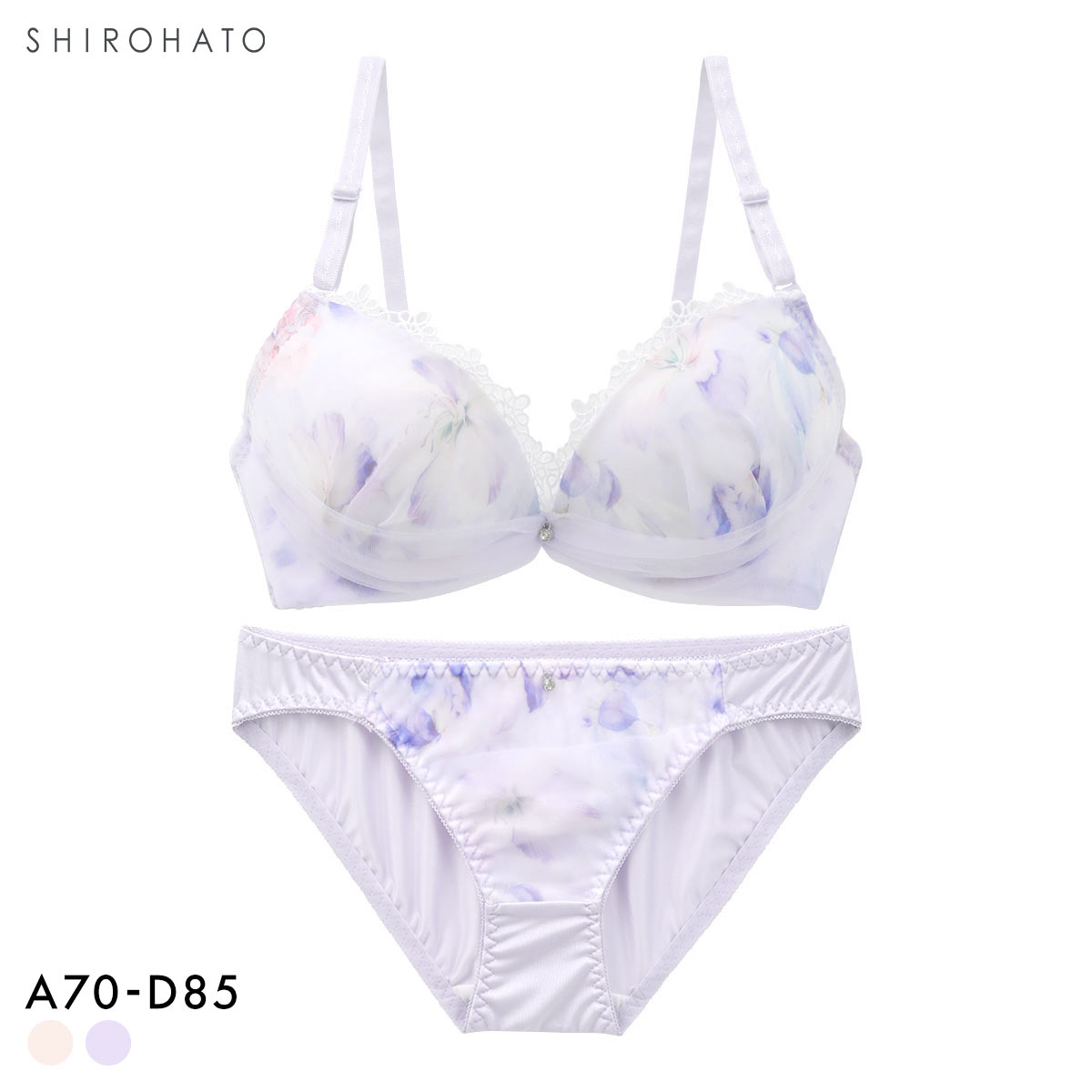 ピュアシェリ フラワープリントシフォン ブラセット ABCD70-85 ラジャー ショーツ セット 谷間 L字 脇寄せ 盛り PURECHERIE(LV-ラベンダー-A70-M)