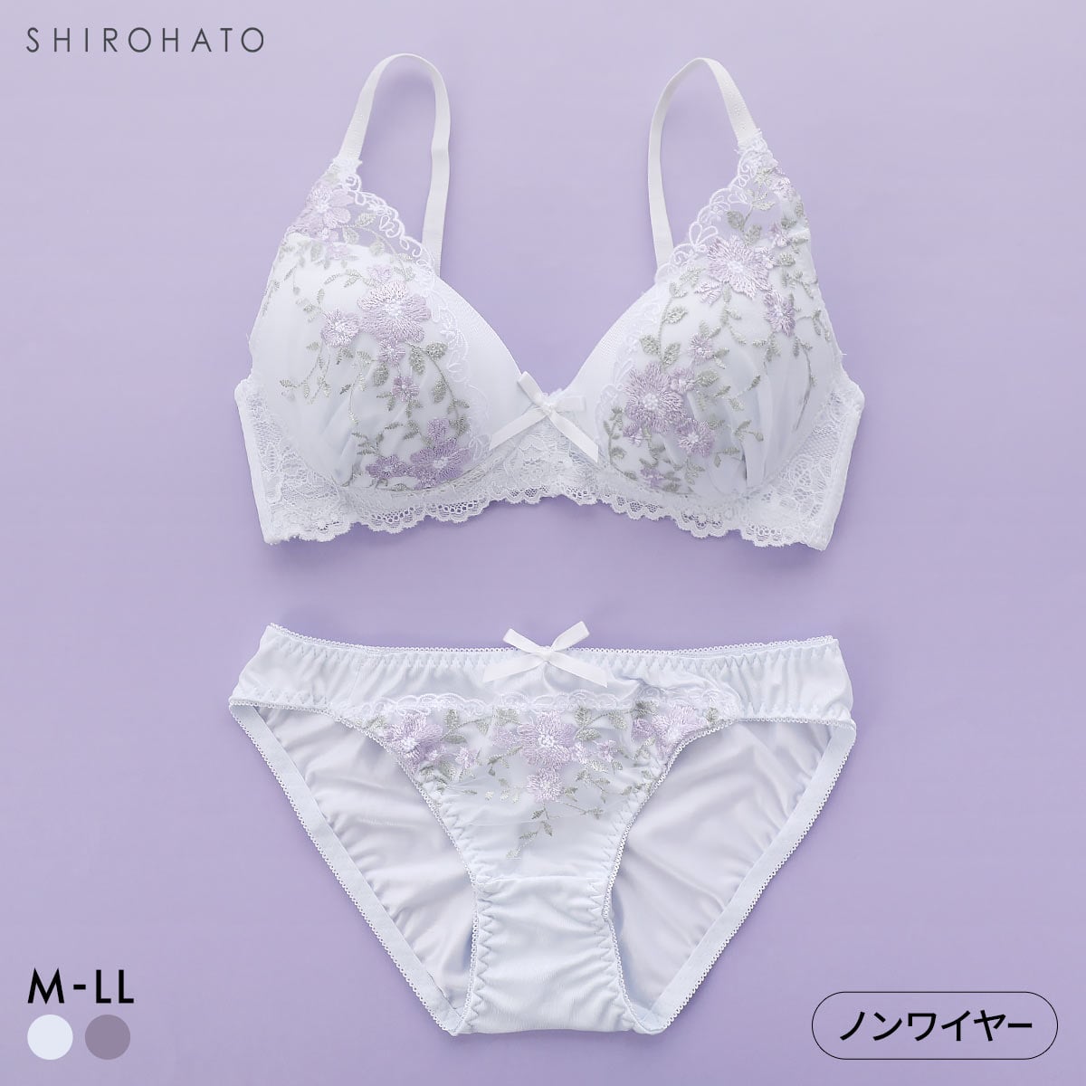 ピュアシェリ レーシーフラワー ノンワイヤー ブラセット M L LL ブラジャー ショーツ セット ワイヤレス 大きいサイズ PURECHERIE(LBU-薄ブルー-M／M)