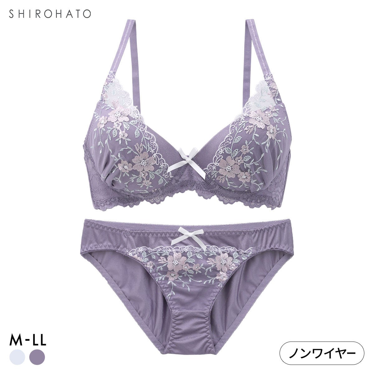 ピュアシェリ レーシーフラワー ノンワイヤー ブラセット M L LL ブラジャー ショーツ セット ワイヤレス 大きいサイズ PURECHERIE(PUG-パープルグレー-M／M)
