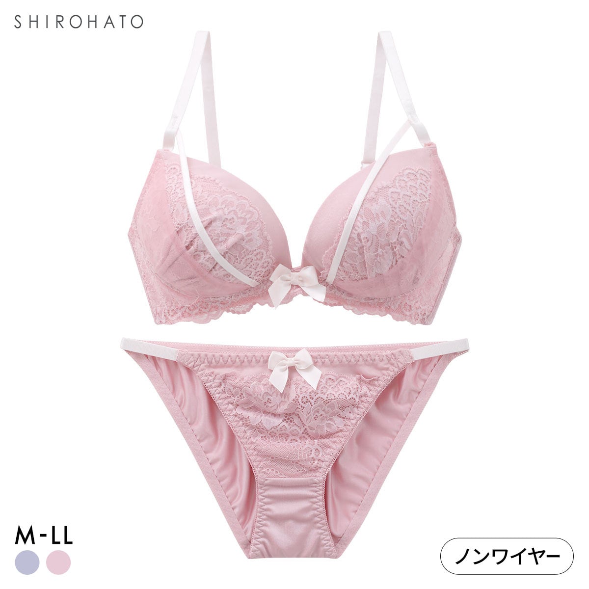 ピュアシェリ レーシークロステープ ノンワイヤー ブラセット M L LL ブラジャー ショーツ セット ワイヤレス 大きいサイズ PURECHERIE(PI-ピンク-M／M)