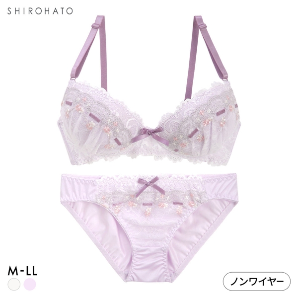 ピュアシェリ リボン通し風レース ノンワイヤー ブラセット M L LL ブラジャー ショーツ セット ワイヤレス PURECHERIE