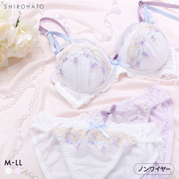 ピュアシェリ リボン通し風レース ノンワイヤー ブラセット M L LL ブラジャー ショーツ セット ワイヤレス PURECHERIE