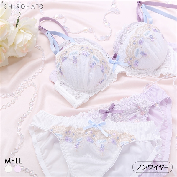 ピュアシェリ リボン通し風レース ノンワイヤー ブラセット M L LL ブラジャー ショーツ セット ワイヤレス PURECHERIE