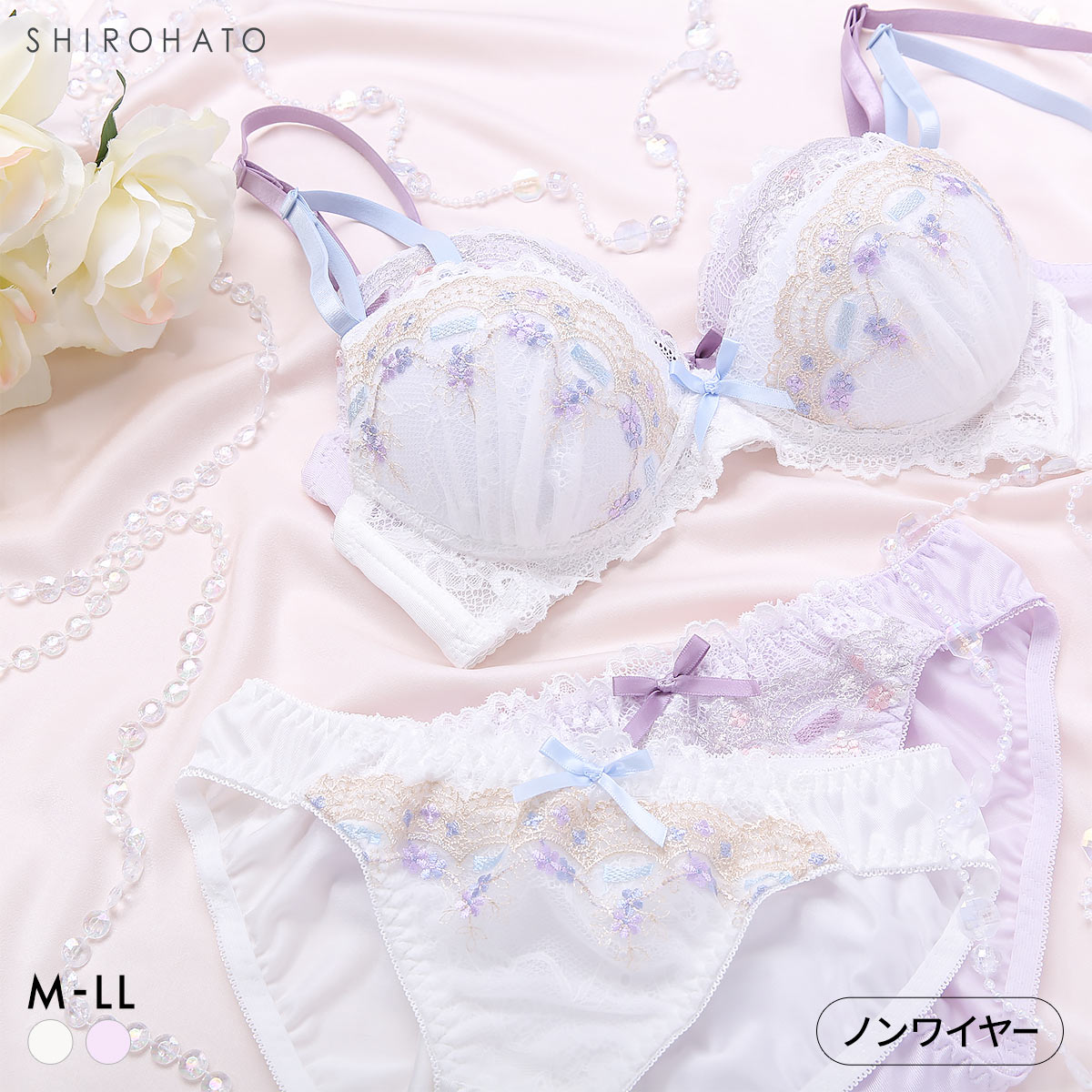 ピュアシェリ リボン通し風レース ノンワイヤー ブラセット M L LL ブラジャー ショーツ セット ワイヤレス PURECHERIE