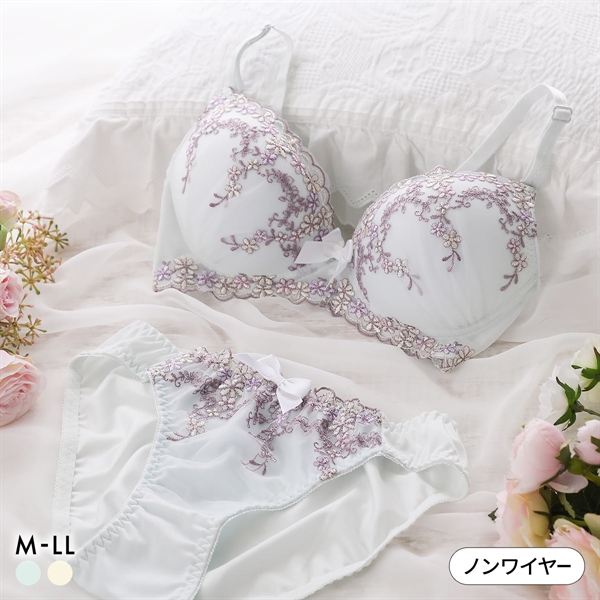 ピュアシェリ 4色小花チュールレース ノンワイヤー ブラセット M L LL ブラジャー ショーツ セット ワイヤレス PURECHERIE