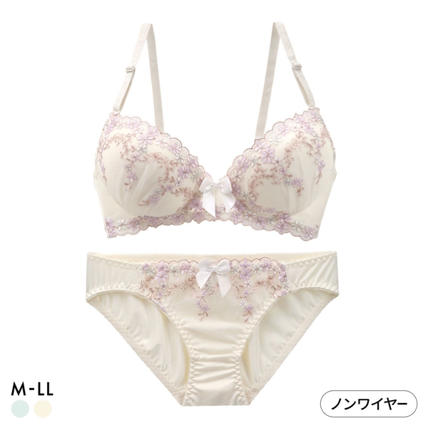 ピュアシェリ 4色小花チュールレース ノンワイヤー ブラセット M L LL ブラジャー ショーツ セット ワイヤレス PURECHERIE