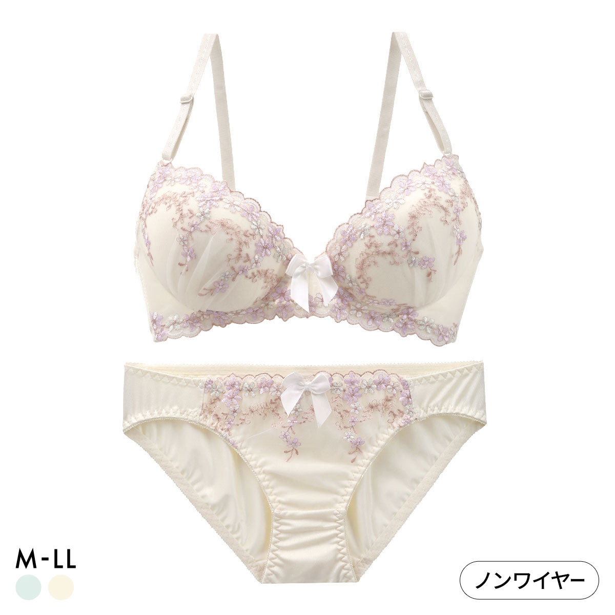 ピュアシェリ 4色小花チュールレース ノンワイヤー ブラセット M L LL ブラジャー ショーツ セット ワイヤレス PURECHERIE(CR-クリーム-M／M)