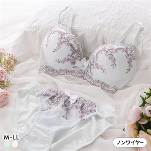 ピュアシェリ 4色小花チュールレース ノンワイヤー ブラセット M L LL ブラジャー ショーツ セット ワイヤレス PURECHERIE