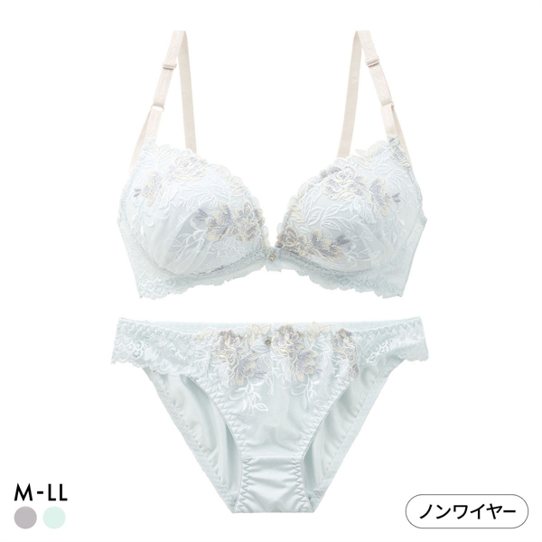 ピュアシェリ 3色小花チュールレース ノンワイヤー ブラセット M L LL ブラジャー ショーツ セット ワイヤレス PURECHERIE