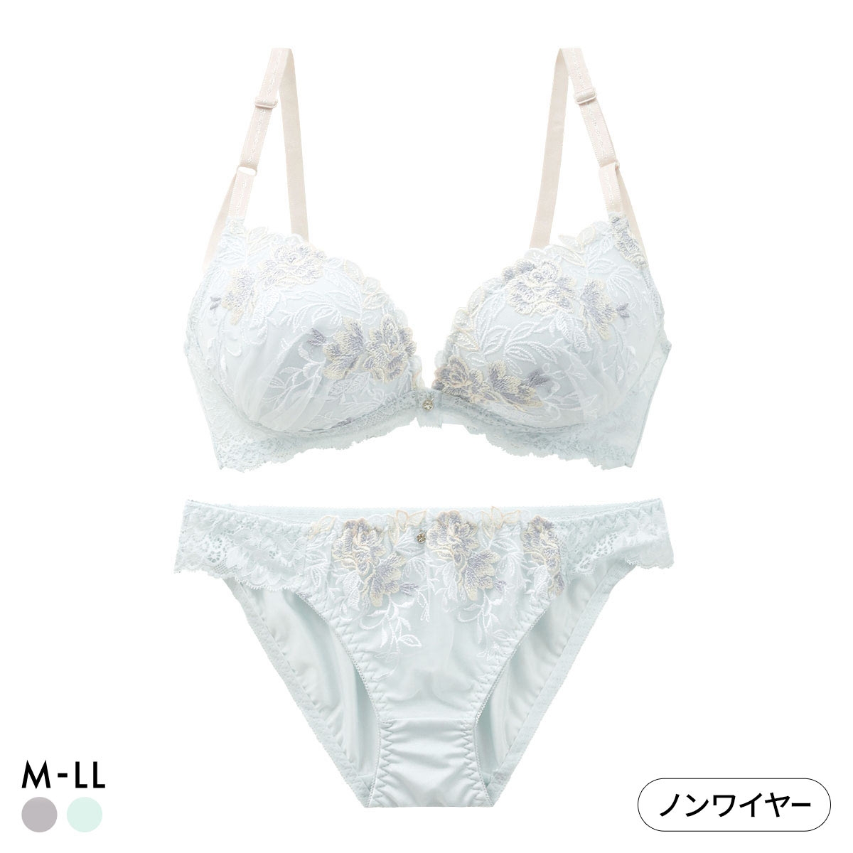 ピュアシェリ 3色小花チュールレース ノンワイヤー ブラセット M L LL ブラジャー ショーツ セット ワイヤレス PURECHERIE(BU-ブルー-M／M)