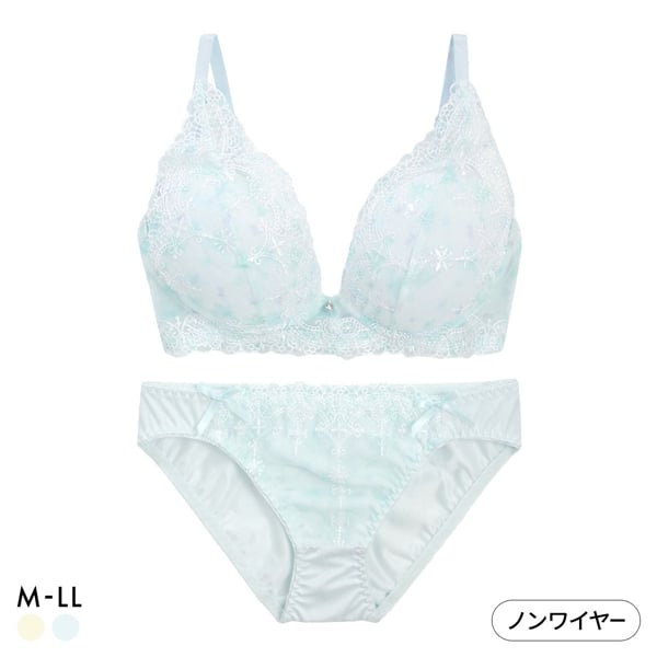 ピュアシェリ チュールレース×花柄プリント ノンワイヤー ブラセット M L LL ブラジャー ショーツ セット ワイヤレス PURECHERIE