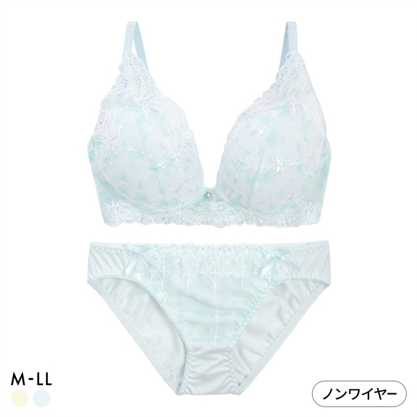 ピュアシェリ チュールレース×花柄プリント ノンワイヤー ブラセット M L LL ブラジャー ショーツ セット ワイヤレス PURECHERIE