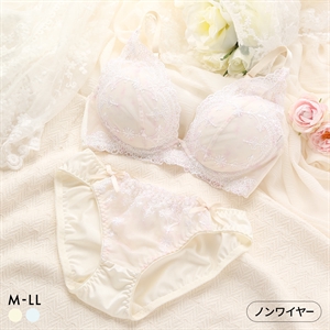 ピュアシェリ チュールレース×花柄プリント ノンワイヤー ブラセット M L LL ブラジャー ショーツ セット ワイヤレス PURECHERIE