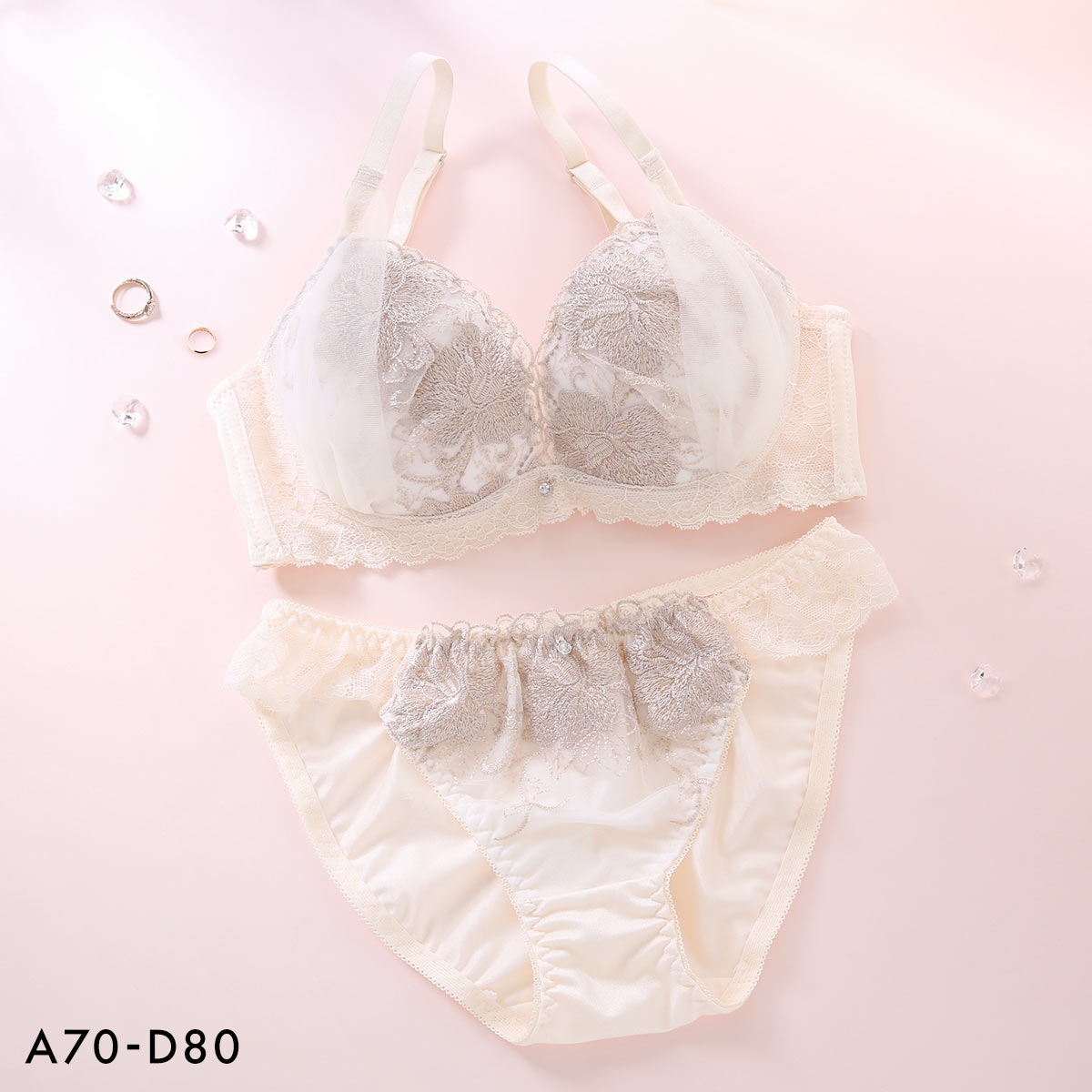 エクラ 脇高 ラメ入り大花チュール ブラセット ABCD 大きいサイズ 脇肉 谷間 盛り 脇寄せ バストアップ ブラジャー ショーツ ECLAT(CR-クリーム-A70-M)